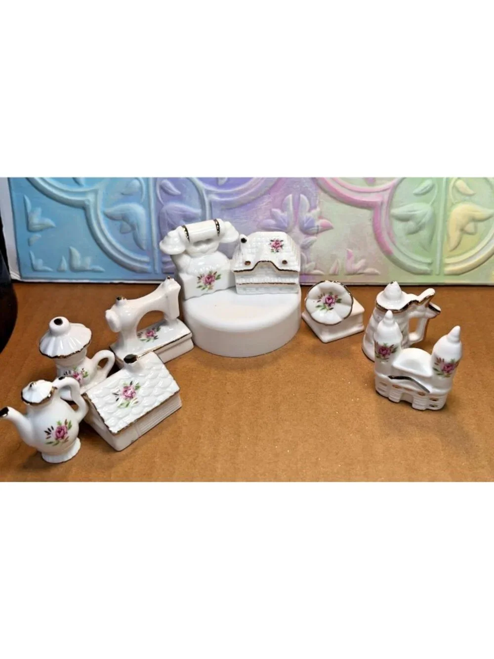 9pc White Ceramic Miniatures Set Pink Rose Accents & Gold Trim U69a